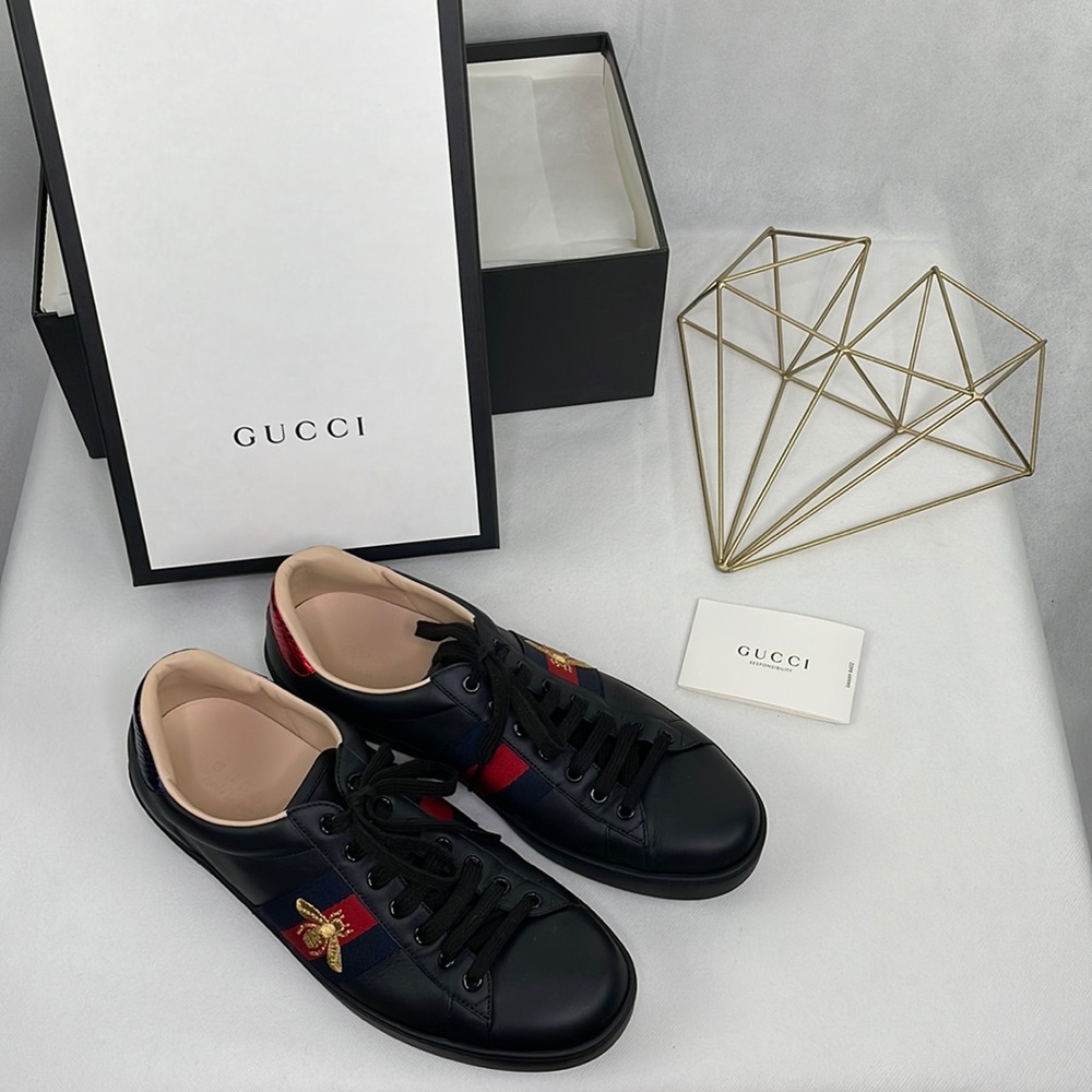 Gucci Mens Embroidered Ace Low Top Black Sneaker - Picture 2 of 11